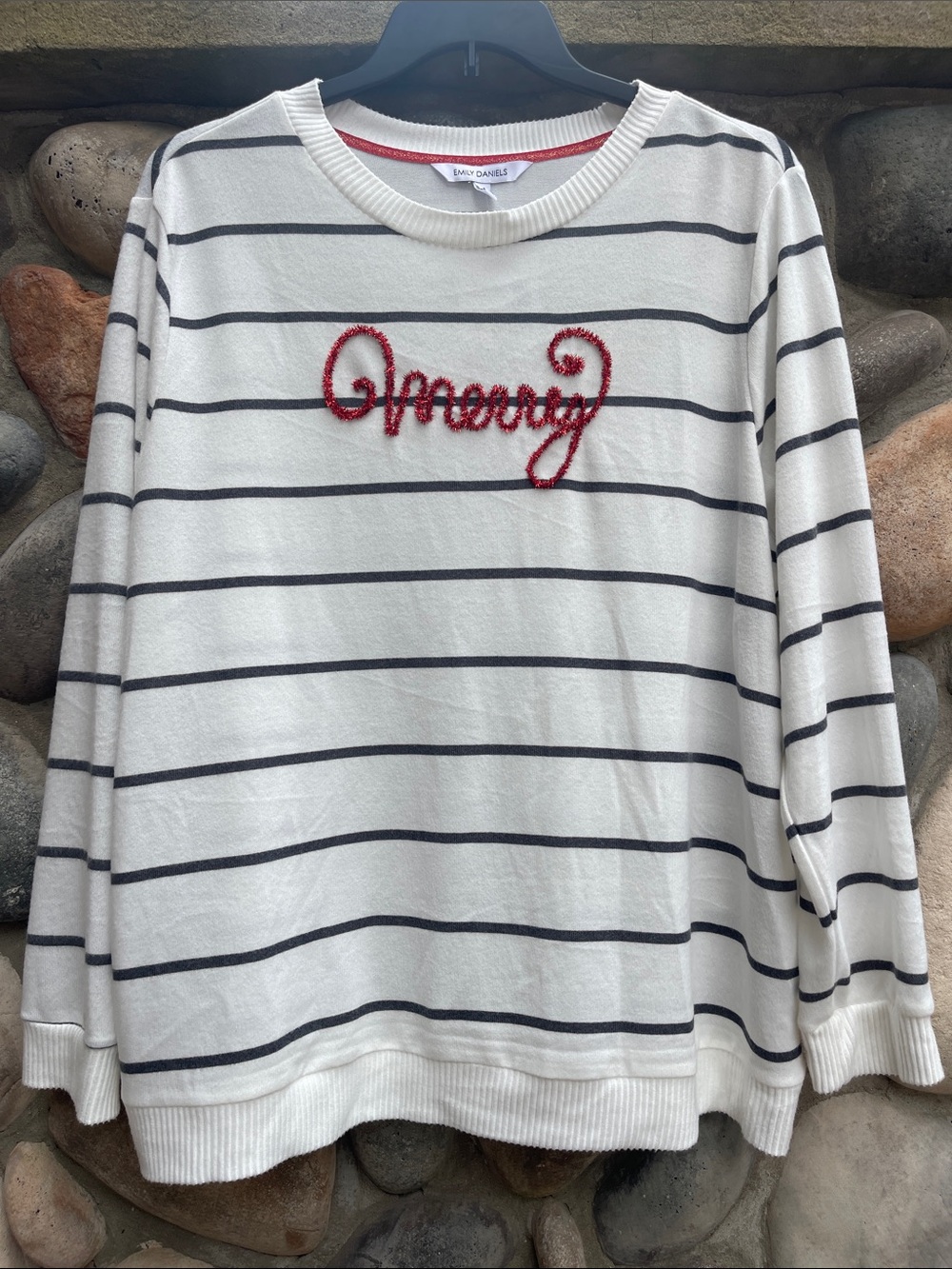 Emily Daniel’s Ivory Stripe “MERRY” Embellishment Crew Neck Sweater NWT 1X